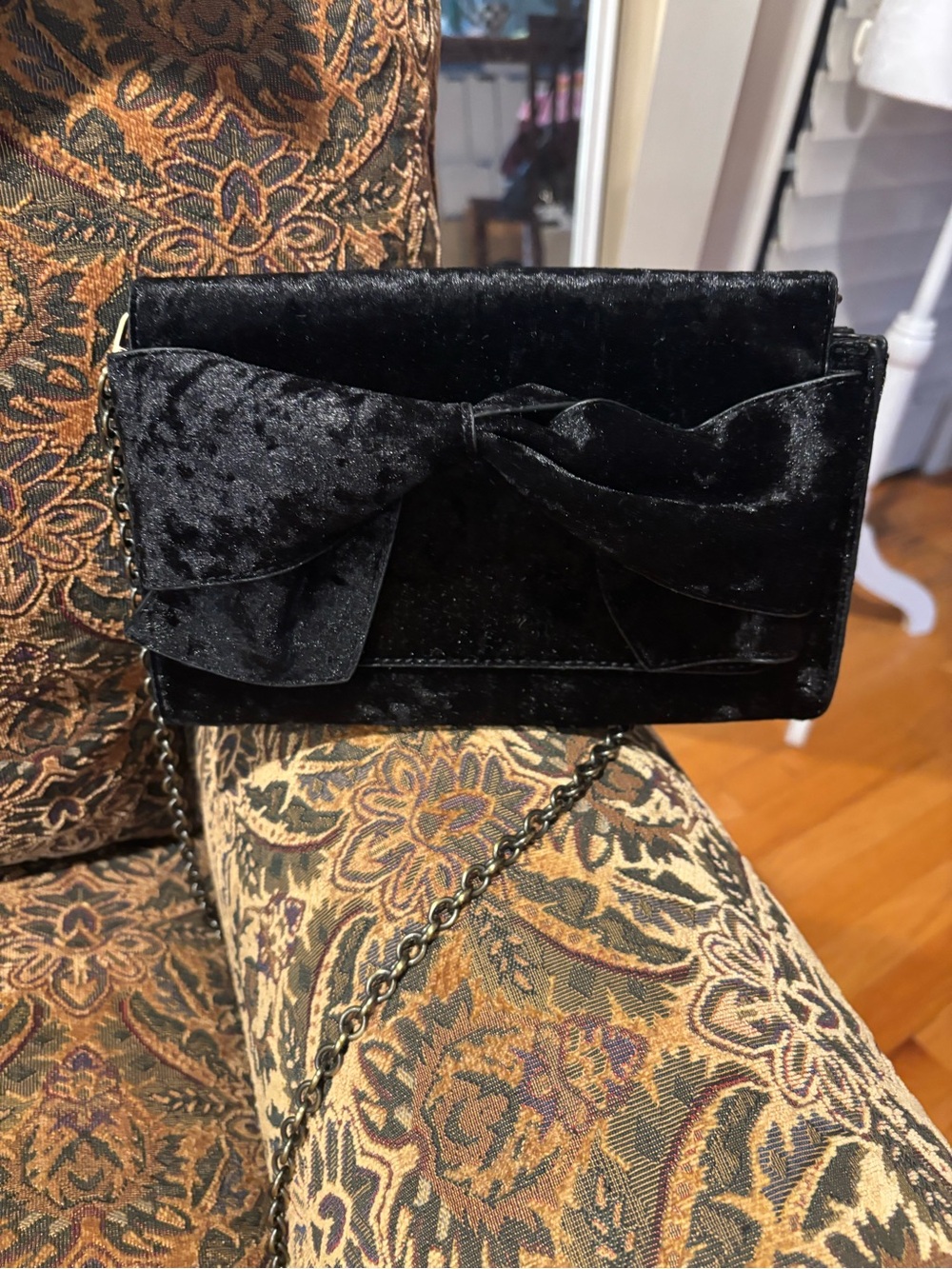 Anthropologie Style Black Crushed Velvet Bow Clutch Chain Purse